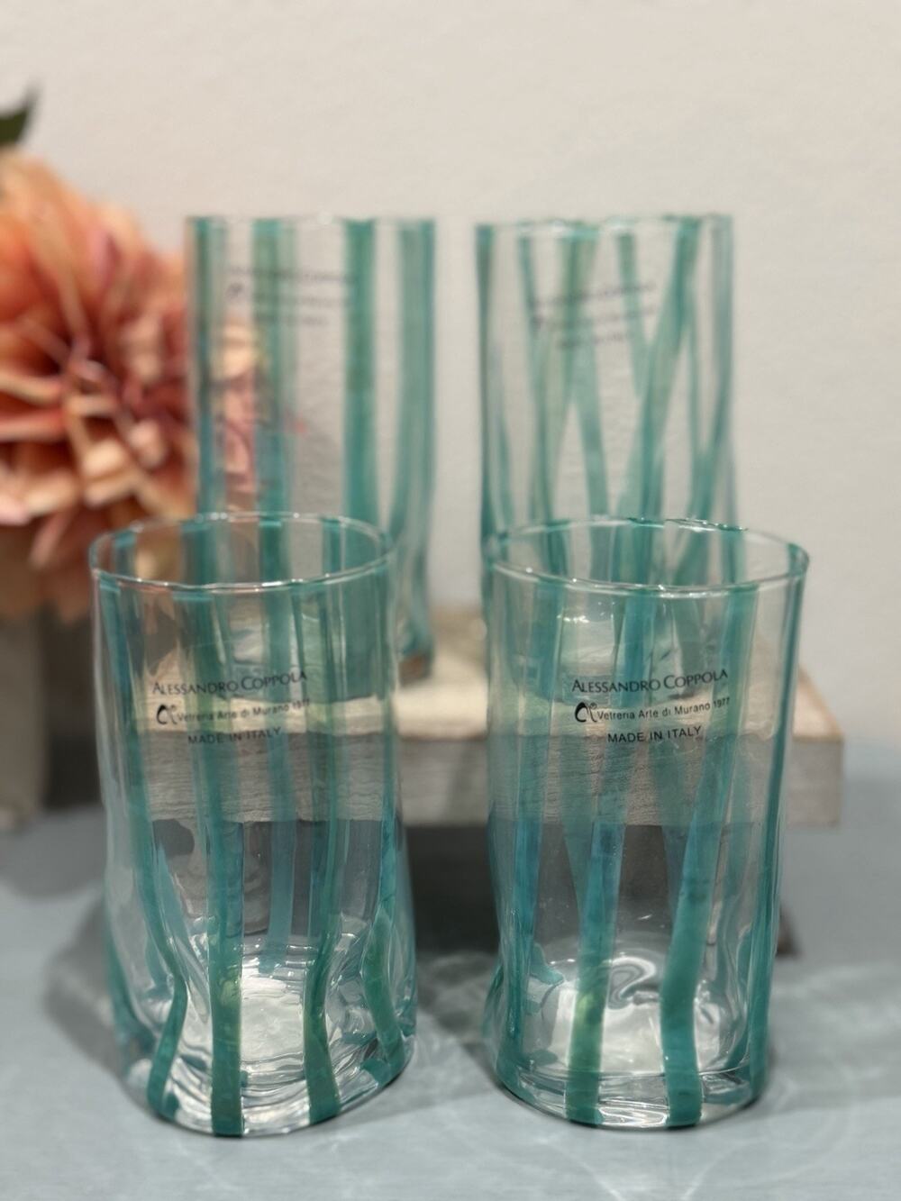 Alessandro Coppola Murano Art Glass Mediterranean Teal Tumblers Set 6 Italy